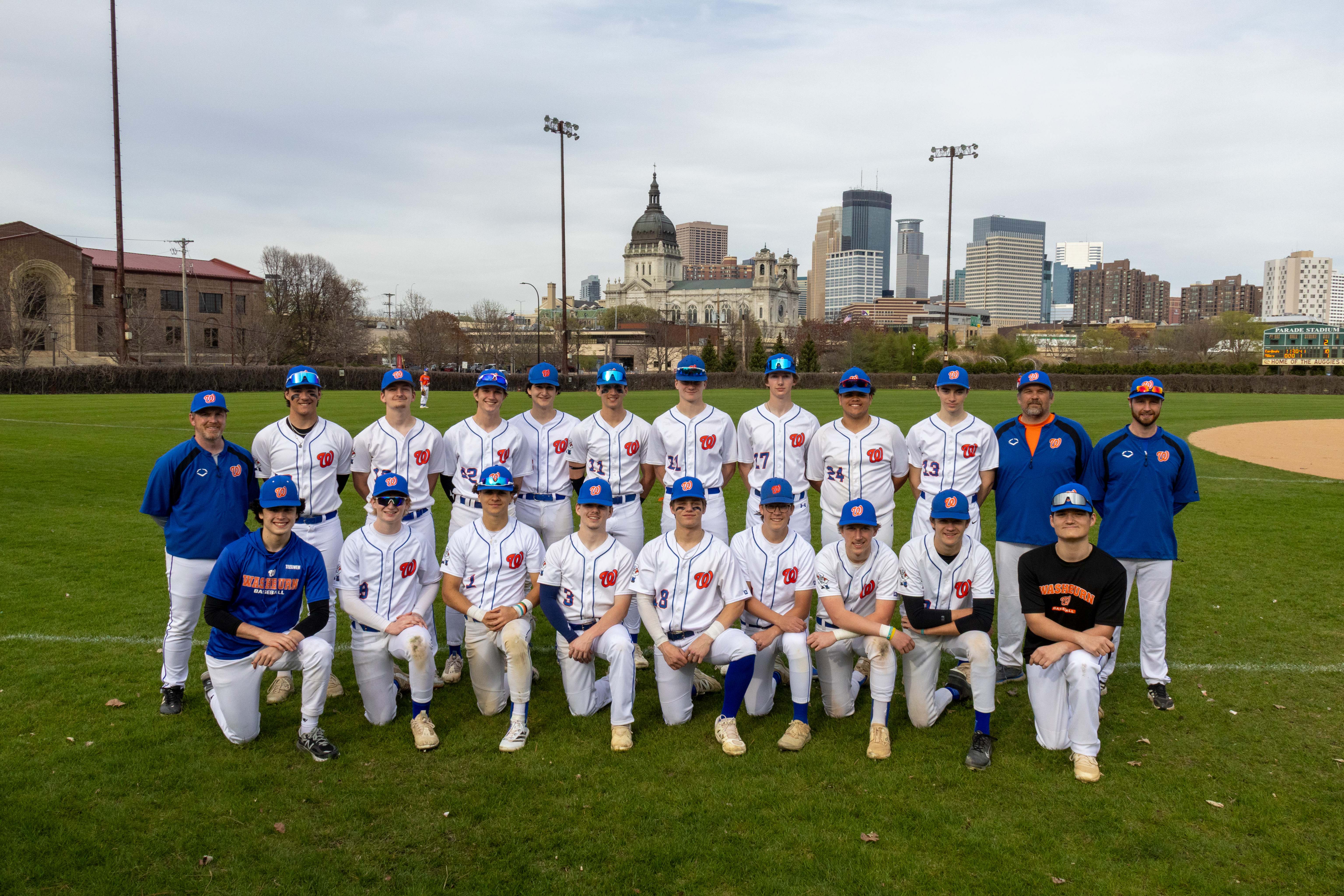 Washburn varsity team with Minneapolis skyline backdrop